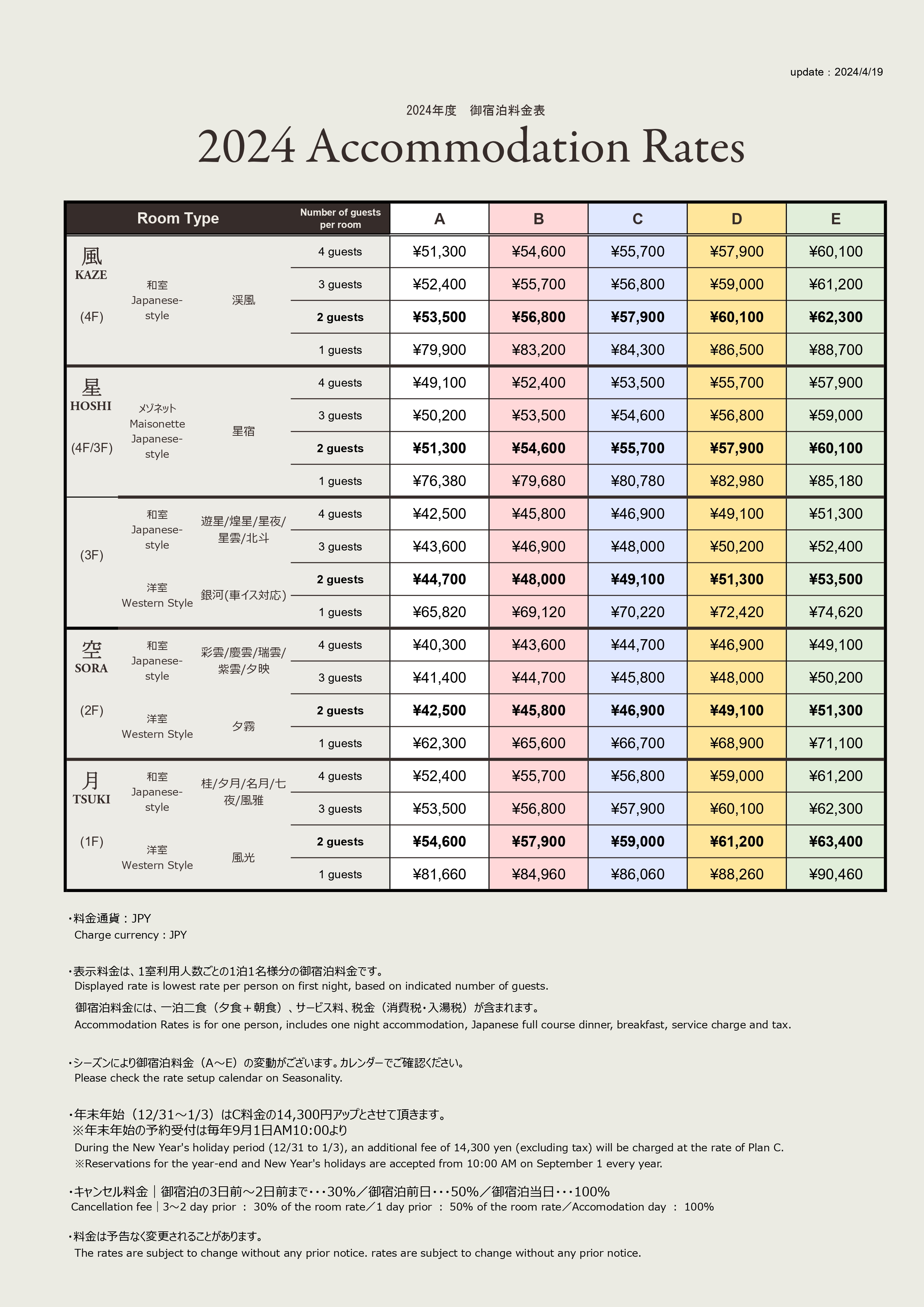 Accommodation Rates & Calendar